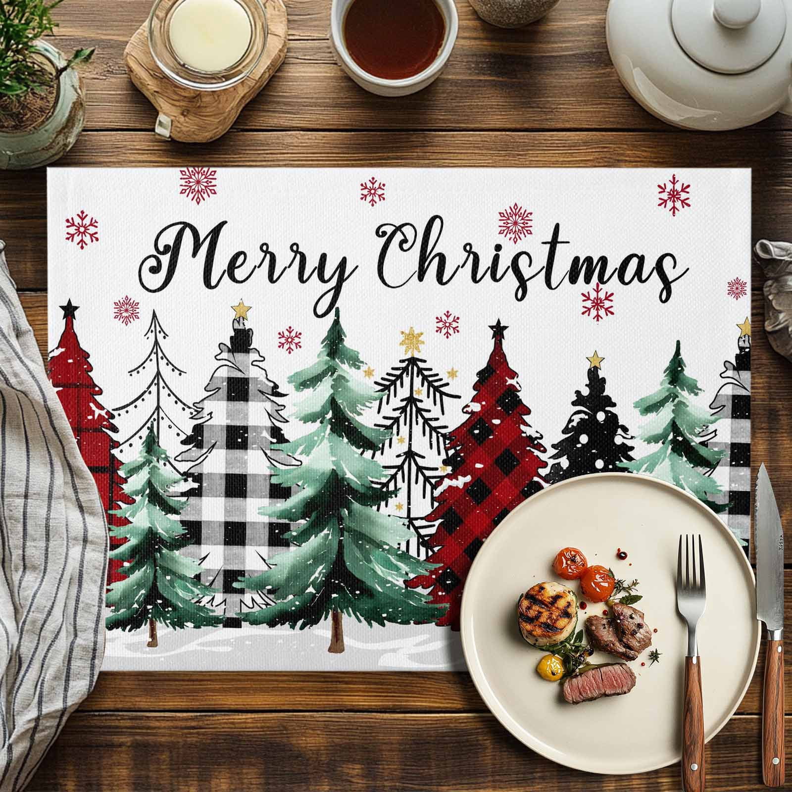 Buffalo Plaid Christmas Tree Placemats Set of 8, White Winter Snowflakes Table Mats Washable Heat-Insulation Non-Slip Place Mats for Kitchen Dinner Table Indoor Outdoor Decor,13x19 Inch