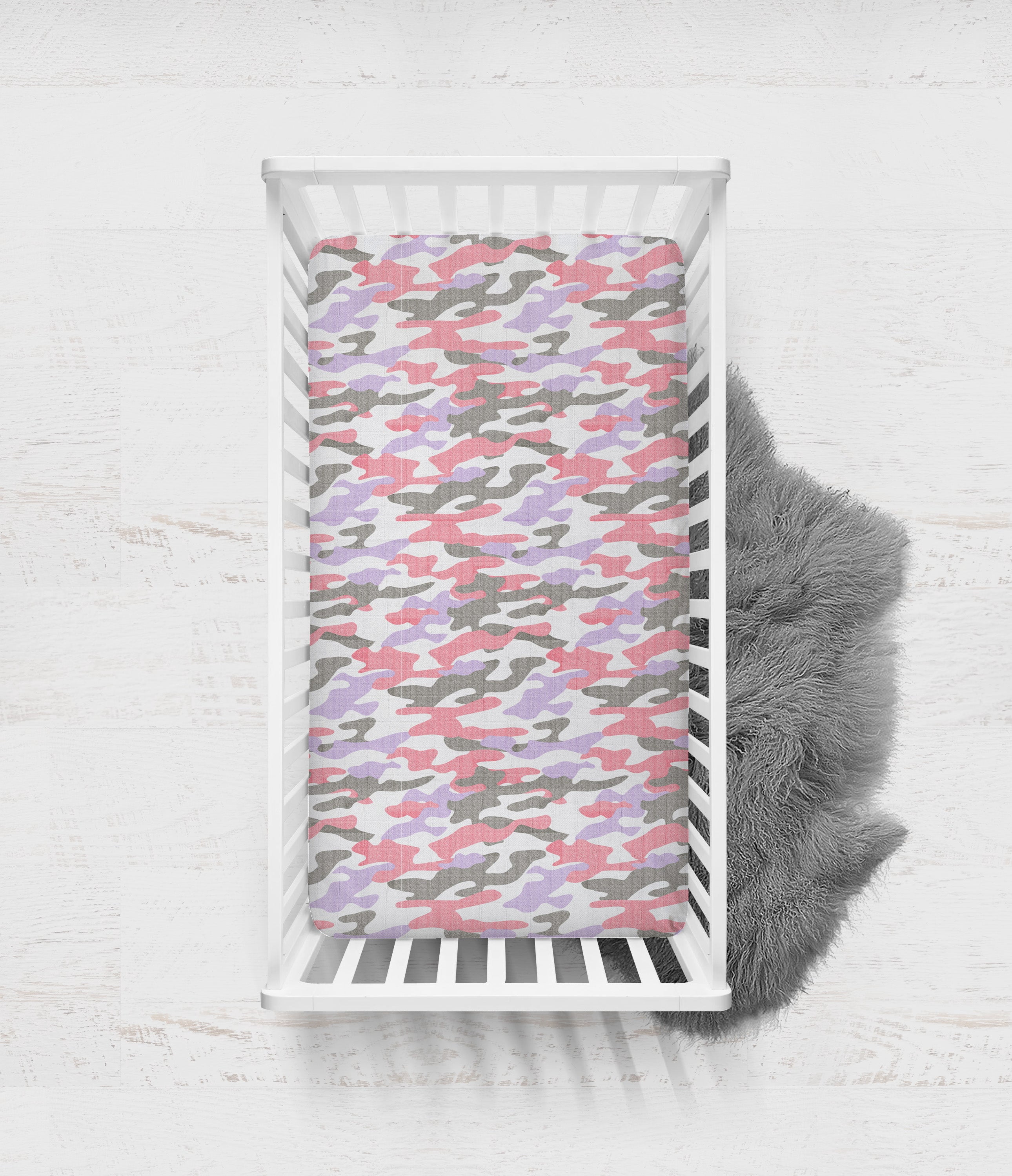 Bacati - Girls Camo Coral Lilac Gray Muslin Crib or Toddler Bed Fitted Sheet