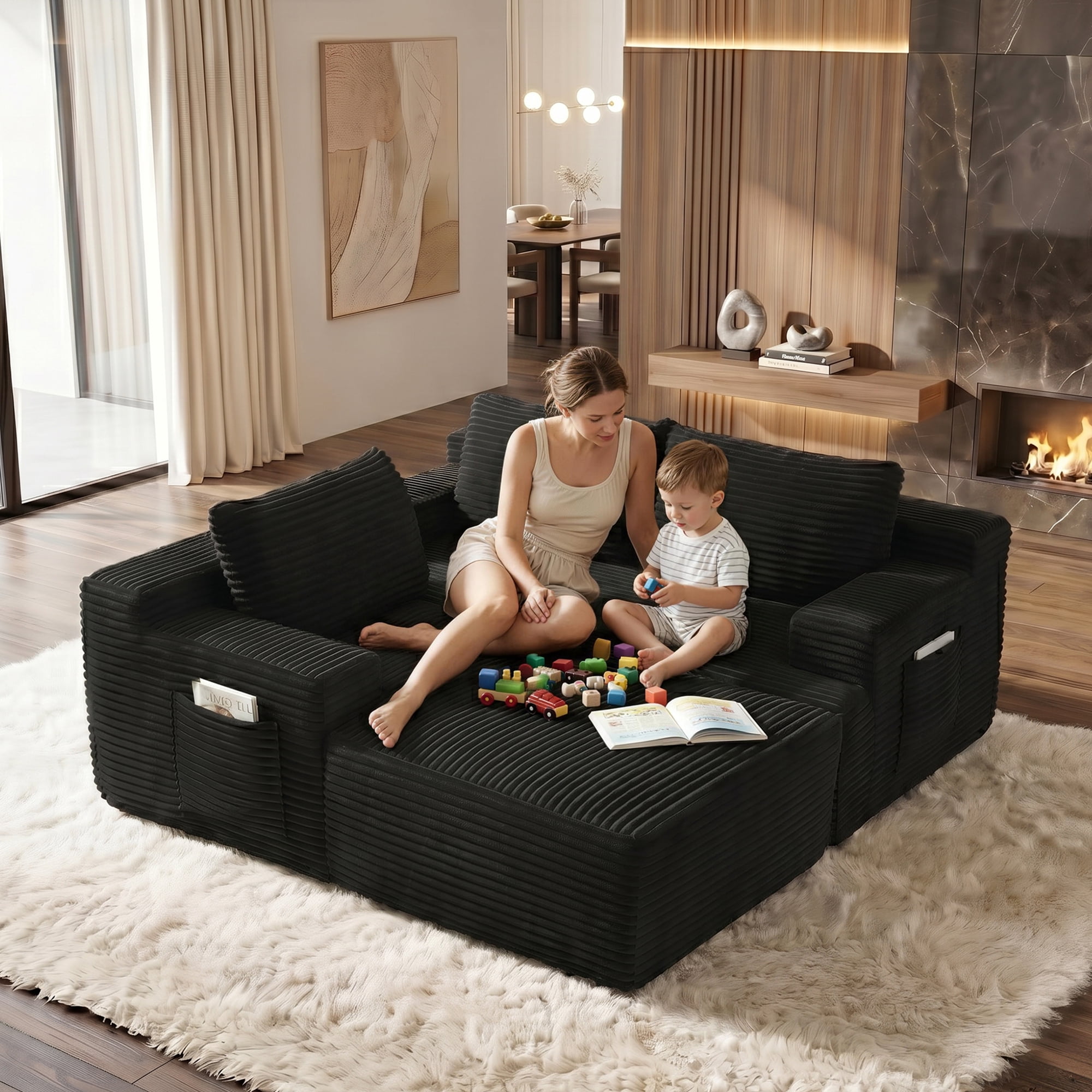 Aukfa 96" Cloud Sectional Couch, Modular L Shaped Boneless Sofa with Left Facing Chaise&2 Storage Pockets, Black