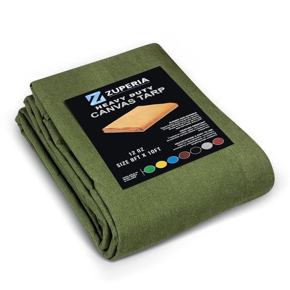 Zuperia Heavy Duty Canvas Tarp (8' x 10' ft - Pack of 1) with Rustproof Grommets, UV Resistant & Tear Resistant Multipurpose Tarpaulin Cover for Outdoor, Industrial & Commercial Use (Olive Green)