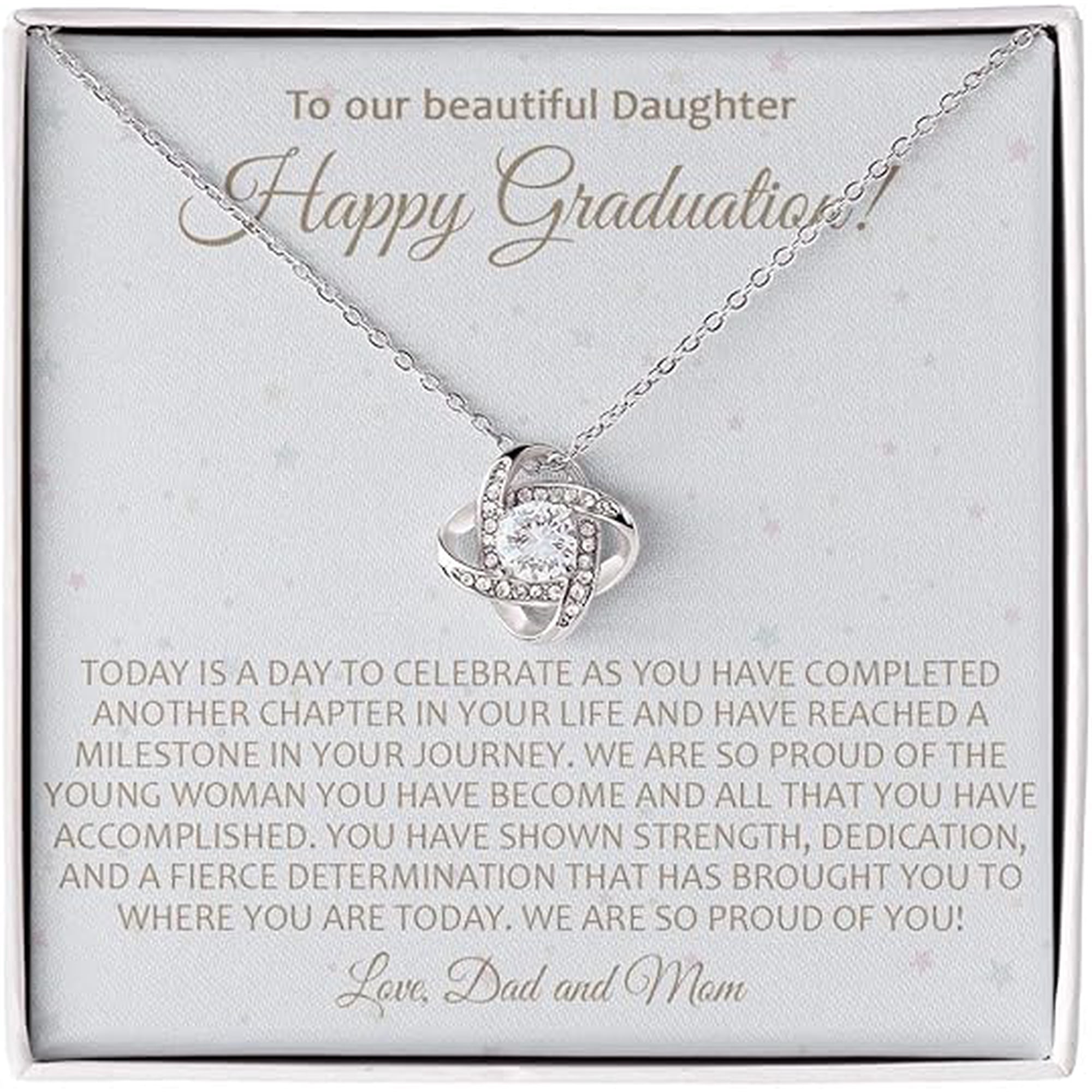 Senior 2025 For Daughter with Message Card and Gift Box, Graduation Necklace For Daughter from Father/Mother, Love Knot Necklace for Giflrs, Inspirational Graduation Gift
