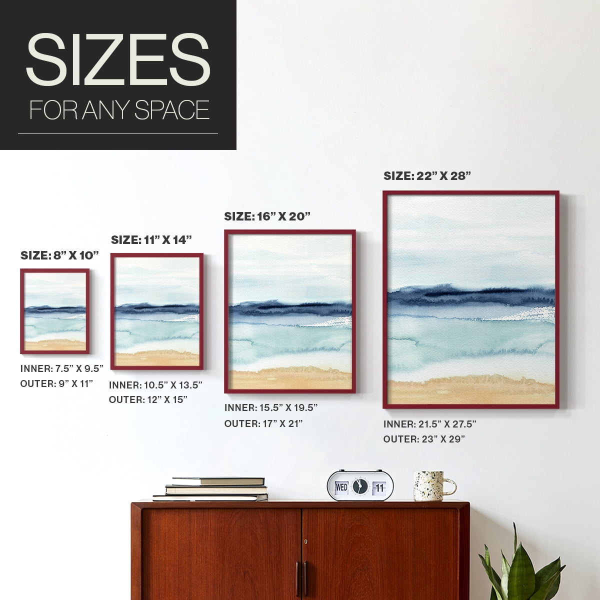 Watercolor Ocean Horizon II Framed Print in Red Solid Wood 8 x 10 Framed Print
