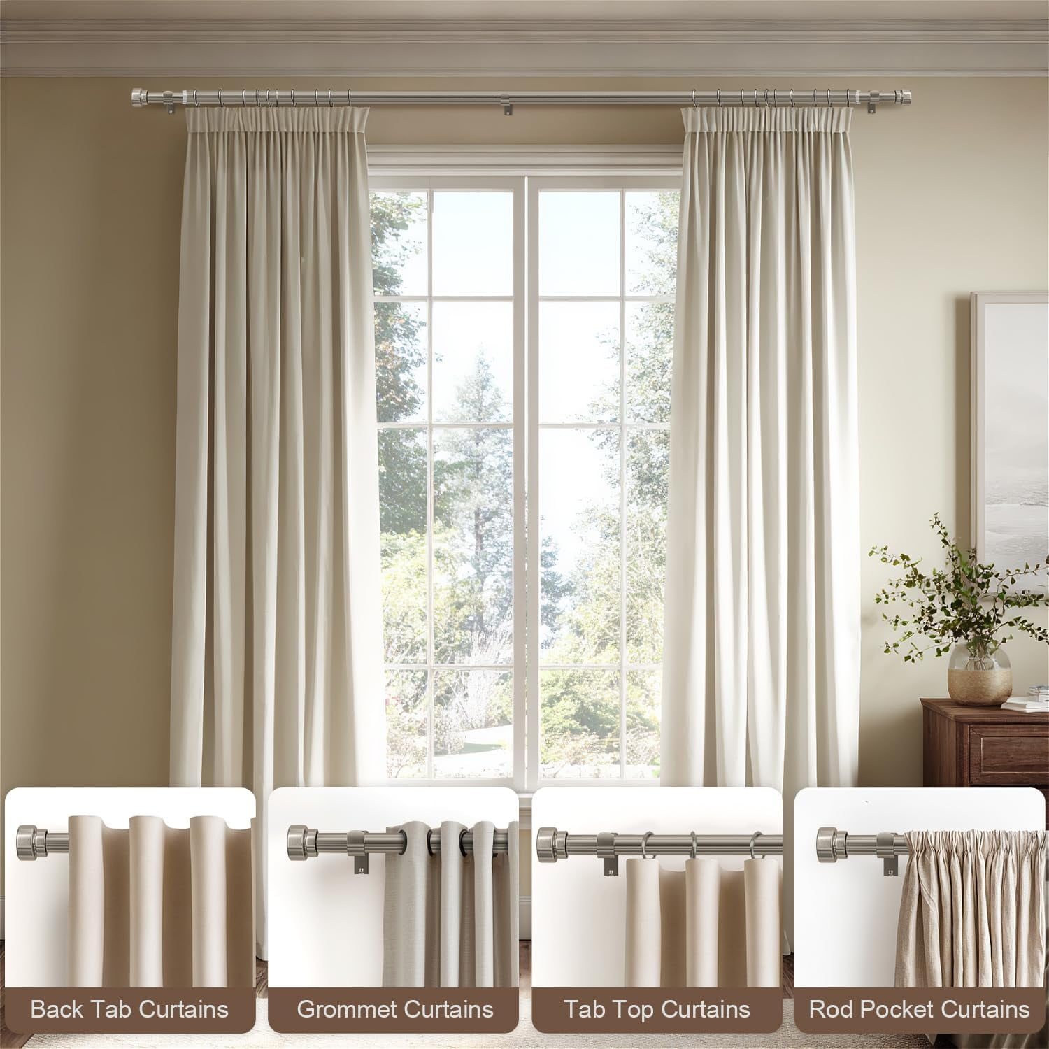 Adjustable Heavy Duty Brushed Nickel Curtain Rod, 1-inch Diameter, 72 to 144 inches