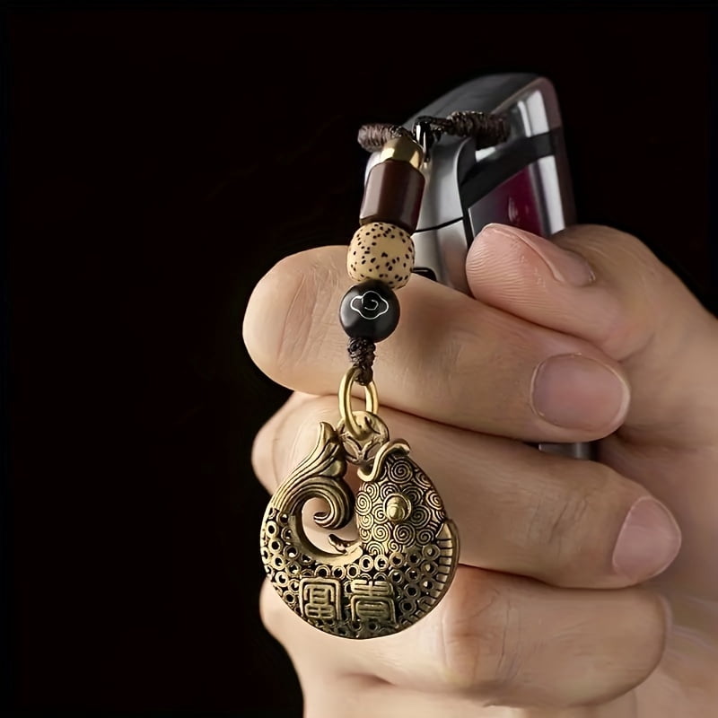 Brass Auspicious Fish Men's Key Ring -Royal Palace Style Pure Copper Car Key Ring, with complex host design S, Car Key Ring Accessories,Fish