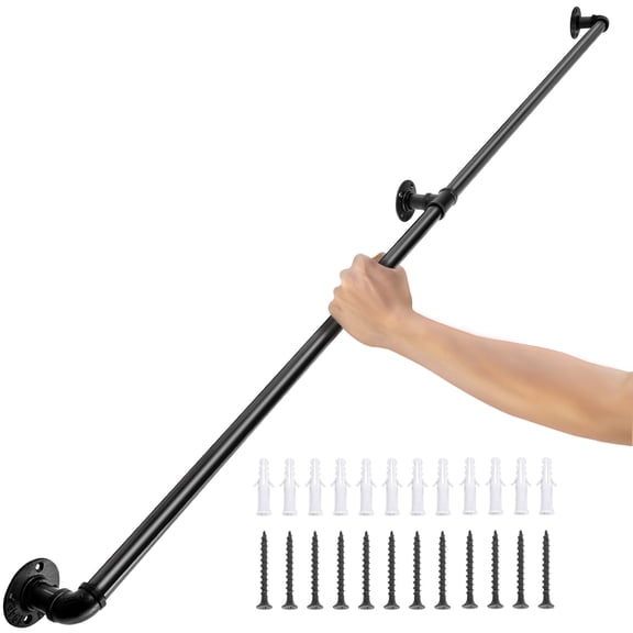 VEVOR 6 ft Pipe Stair Handrail, 440 lbs Load Capacity Carbon Steel Staircase Handrail, Industrial Pipe Handrail with Wall Mount Support