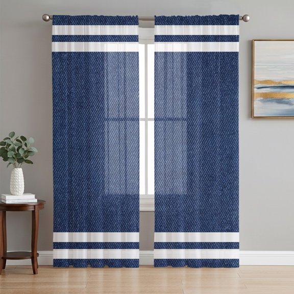 Navy Blue Striped Sheer Curtains 96 Inch Length 2 Panels Set, Modern Art Farmhouse Stripes Voile Window Treatment Semi Sheer Long Curtains Drapes for Bedroom/Living Room/Kitchen 52"x96"x2