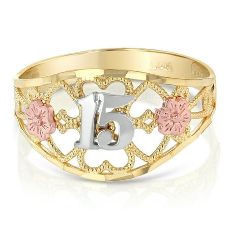 Bold Flower Ring - 14K Tri Color Solid Gold 15 Years Quinceanera Birthday Ring With Flower and Hearts - size 8.5