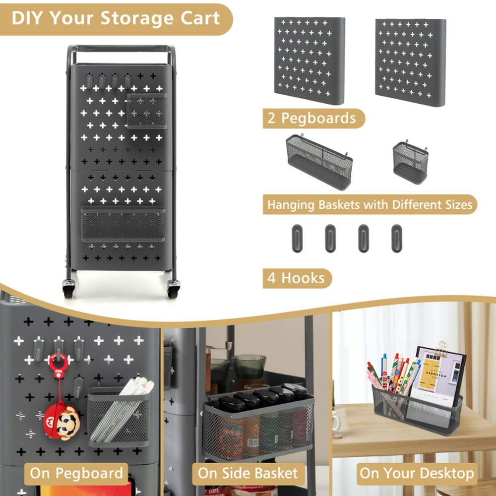 Finihen Rolling Cart, Kitchen Island Cart, 3-Tier Utility Storage Cart with DIY Pegboard Baskets, for Kitchen, Dining Room, Gray Finihen Rolling Cart, Kitchen Island Cart, 3-Tier Utility Storage Cart with DIY Pegboard Baskets, for Kitchen, Dining Room, Gray
