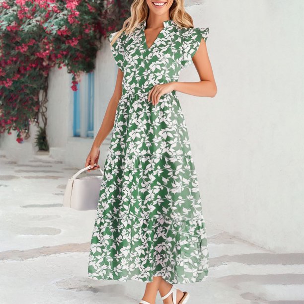 WILLBEST Vestidos de Algodon Vestido Midi Floral de Verano para Mujer, Manga Corta, Cuello En V, Volantes, Largo, Fluido, Bohemio, Informal, para Playa Extra Grande