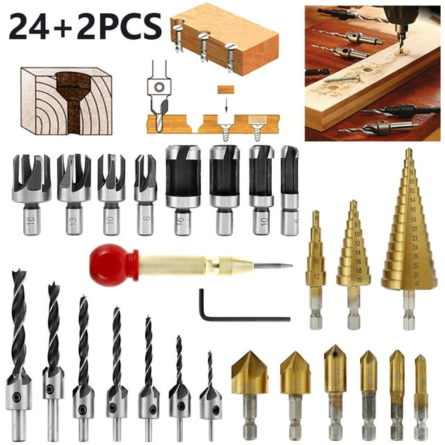 26-Pack Woodworking Chamfer Drilling Tools Including 6 Countersink Drill Bits 7 Three Pointed Countersink Drill Bit with L-Wrench 8 Wood Plug Cutter 3 Step Drill Bit and Automatic