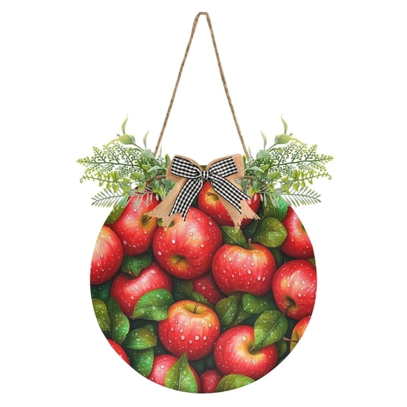 Bright Red Apple Front Door Porch Decoration Hanging Sign with Artificial Green Plants and Bow for Home Outdoor Indoor