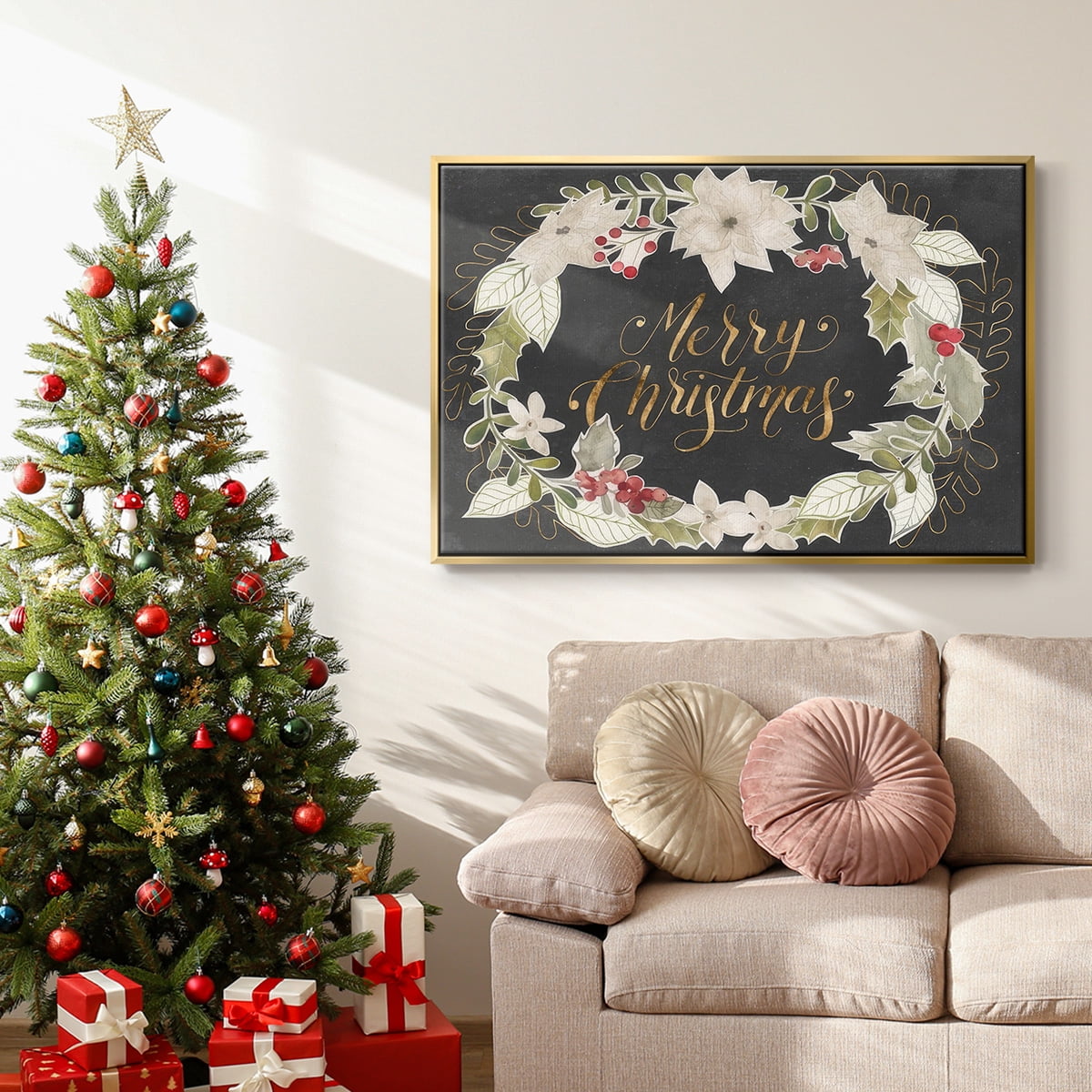 Gilded Christmas Collection A - Framed Gallery Wrapped Holiday Canvas - 25 x 37 - Gold Frame