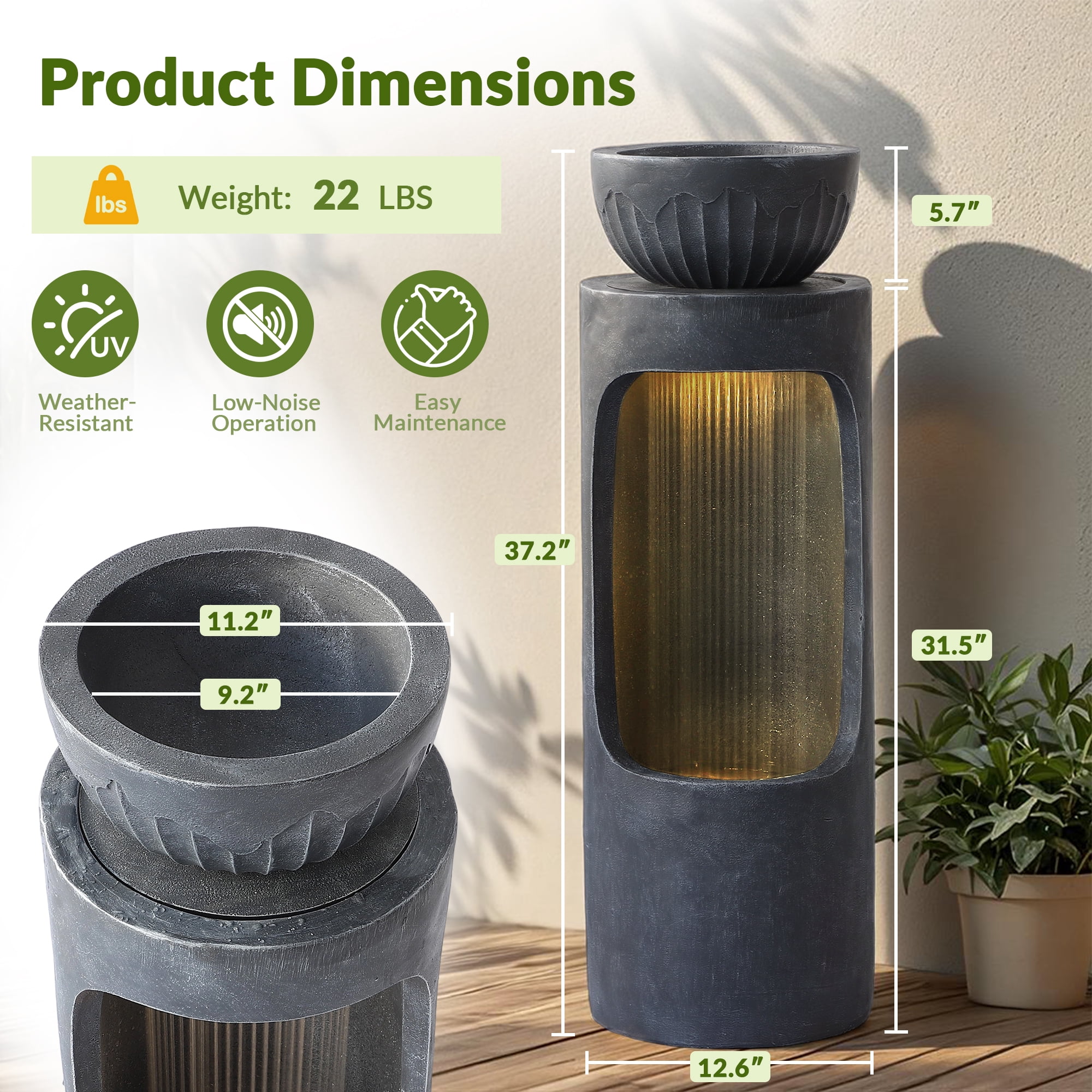 Magic Union 37.2" Outdoor Water Fountain, Cascading Waterfall Fountain with LED Lights & Planter Bowl, Garden Freestanding Resin Fountain for Outside, Water Feature for Patio, Balcony, Yard, Deck