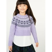 Free Assembly Girls’ Fair Isle Sweater with Attached Shirt at Hem, Sizes 4-18
