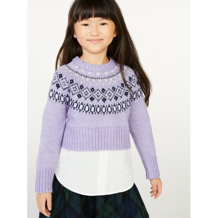 Free Assembly Girls’ Fair Isle Sweater with Attached Shirt at Hem, Sizes 4-18