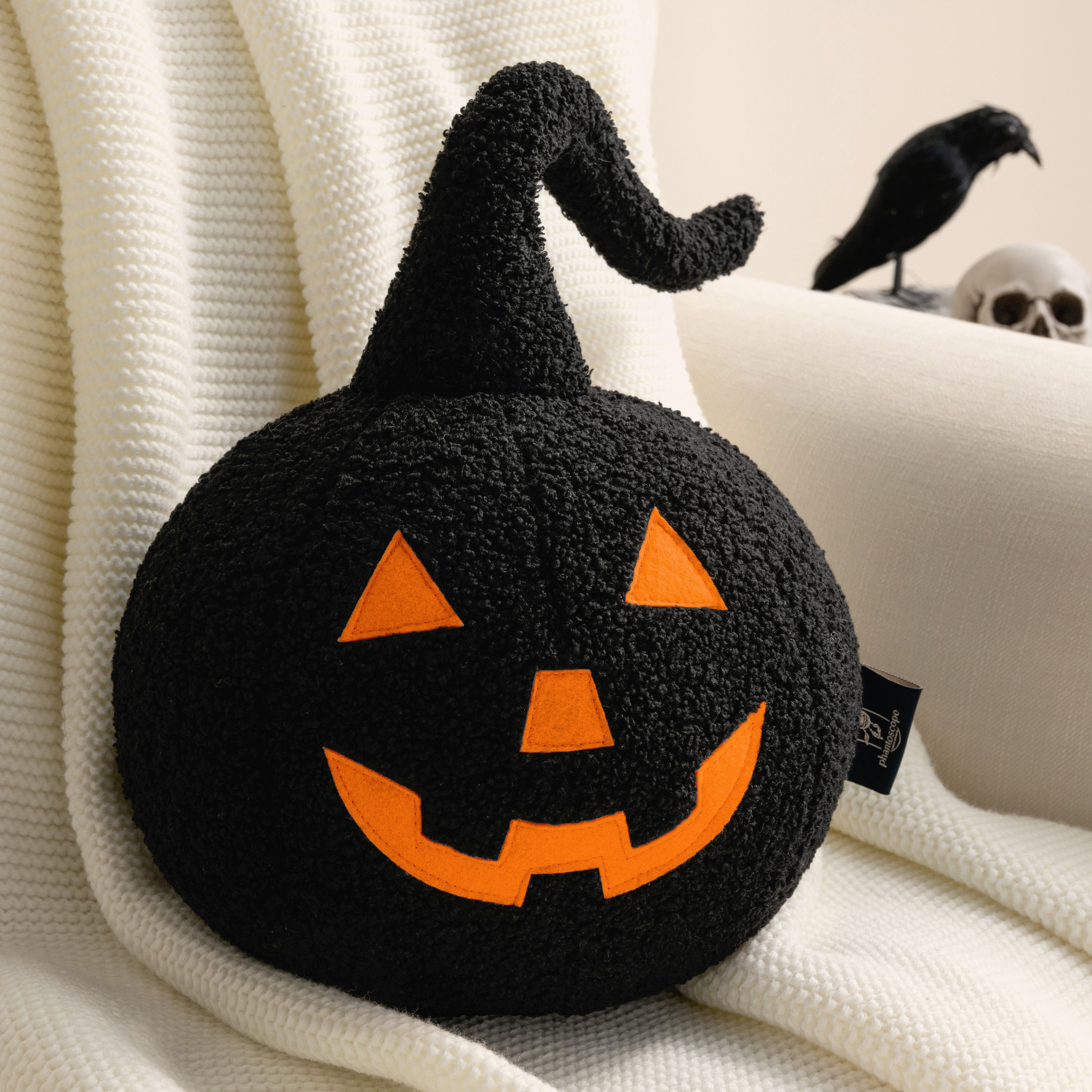 Phantoscope Halloween Pumpkin Shaped Throw Pillow, Jack-o’-Lantern Face, Soft Teddy Fleece Decorative Pillow, Black, 9.5 x 9.5 in