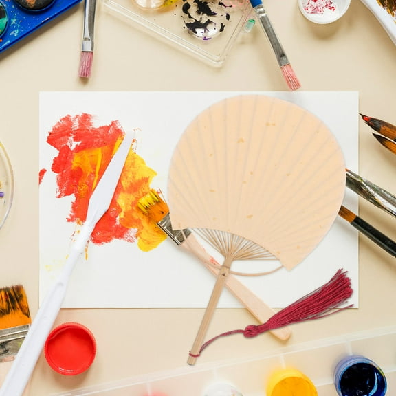 OUNONA Handcrafted Dual Sided Portable Beige Fan with Tassel - Decorative Folding Hand Fan for Travel and Home