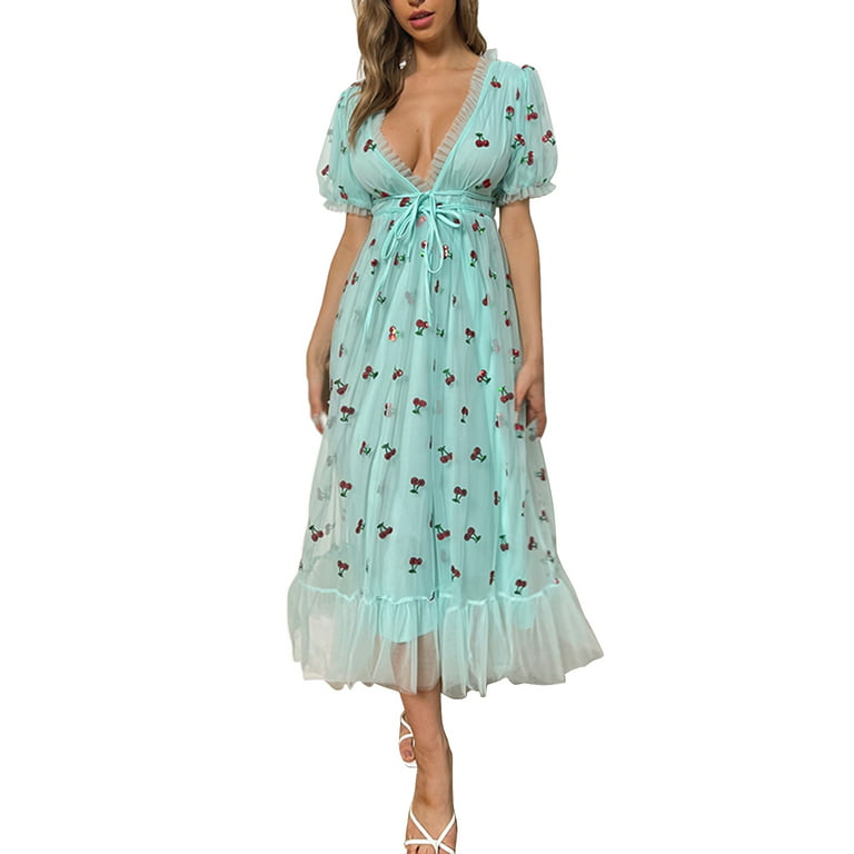 wybzd Women Summer Maxi Dress Boho Puff Sleeve Embroidered Cherry Sequin  V-Neck Mesh Beach Sundress Blue S 