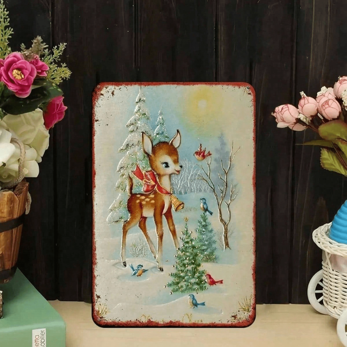 1PC Rustic Iron Metal Wall Sign Winter Reindeer Snowy Woods Pattern No Text Christmas Holiday Home Outdoor Wall Art Decor Ornament