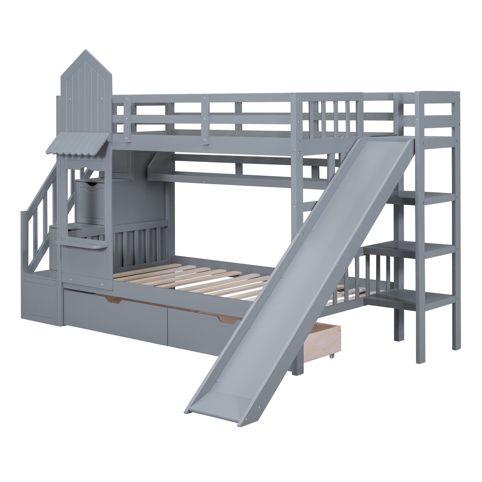 Twin over Twin Castle Style Bunk Bed with Slide and 2 Drawers, Solid Wood Princess Bed House Bunk Bed with Storage Shelves, Storage Staircase and Ladder