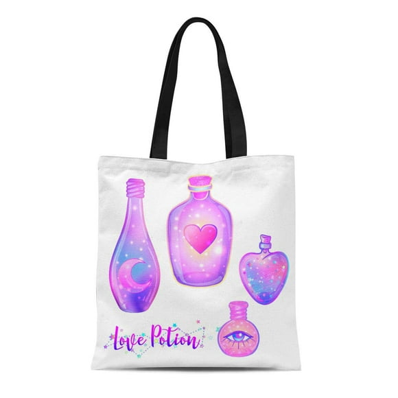 POGLIP Canvas Tote Bag Magic Potion Blue Bottle Jar Pink Moon Crystals Heart Reusable Shoulder Grocery Shopping Bags Handbag