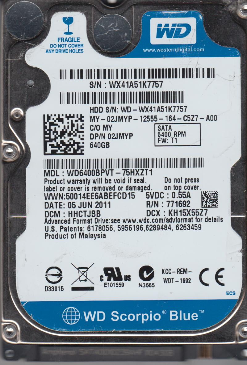 WD6400BPVT-75HXZT1, DCM HHCTJBB, Western Digital 640GB SATA WD6400BPVT-75HXZT1, DCM HHCTJBB, Western Digital 640GB SATA
