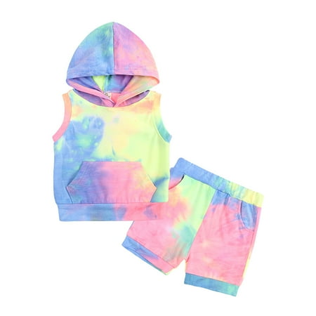 

Toddler Boys Girls Sleeveless Hooded Pullover Top Shorts Colorful Print Fashion 2-Piece Set 3-24Months