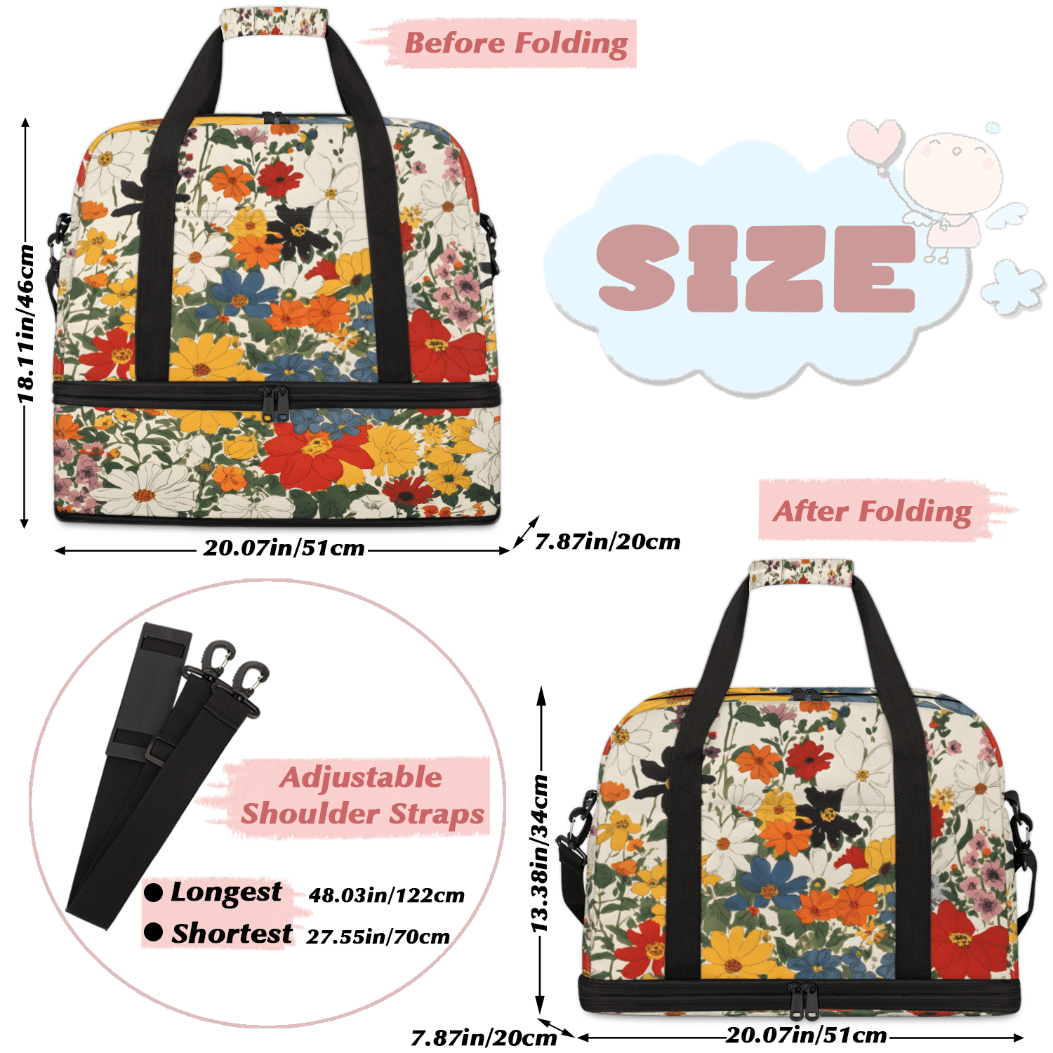 Herdesigns Boho Floral Foldable Travel Duffle Bag for Women and Men Lightweight Carry On Overnight Bag Watercolor Wild Flowers Gym Luggage Weekender Bags with Shoe Compartment