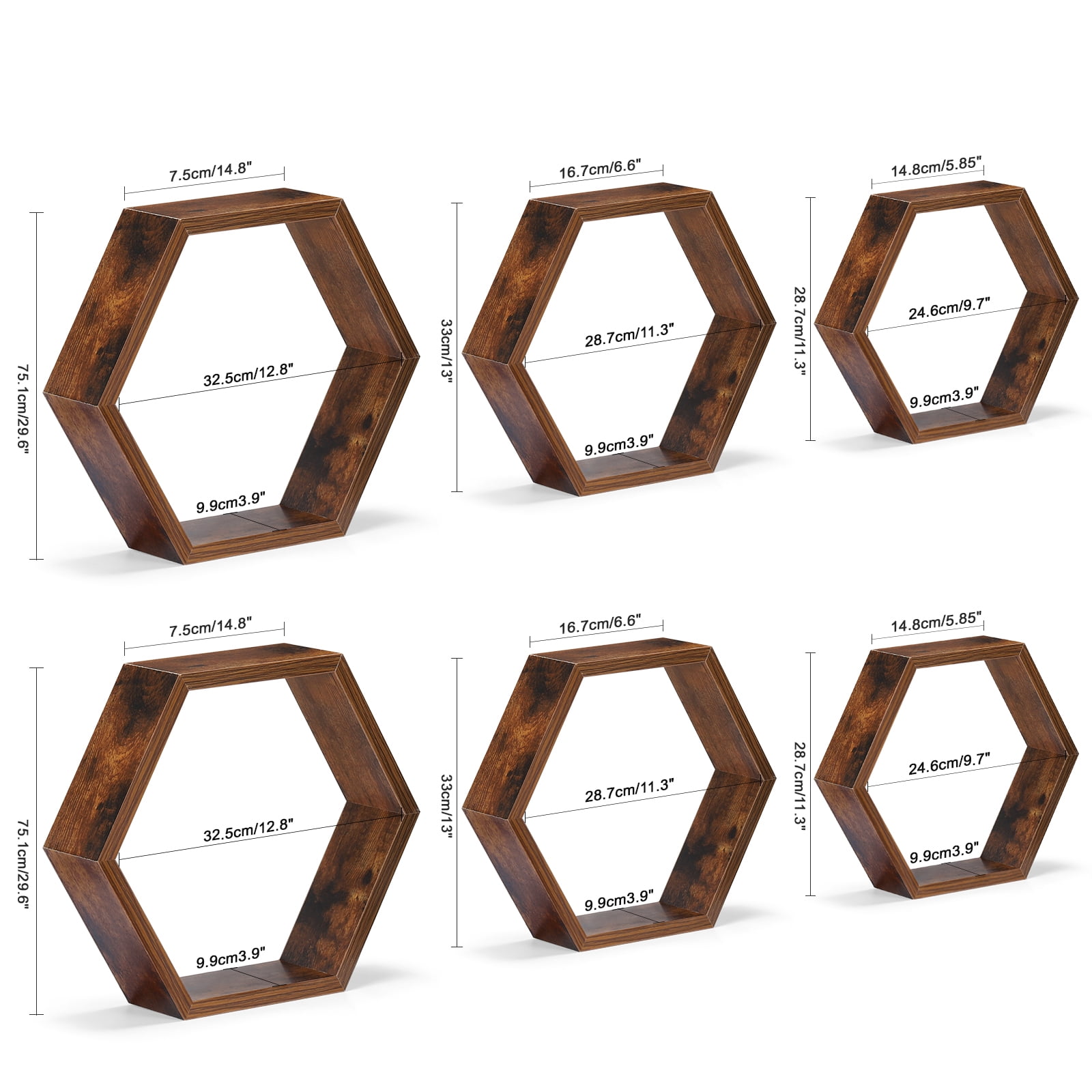 Hexagon Floating Shelves Set of 6 Honeycomb Shelves for Wall, Burnt Brown