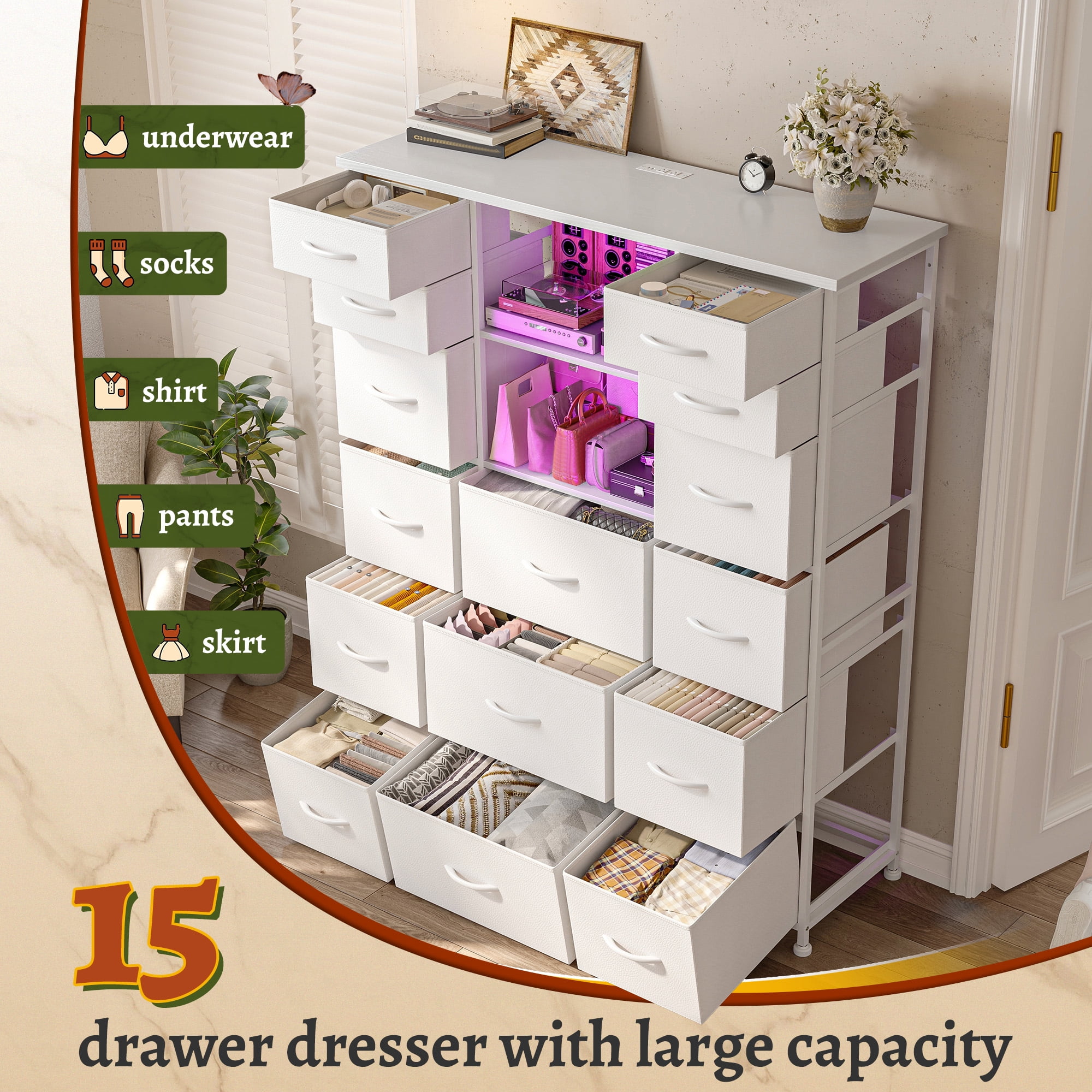 EnHomee 15 Drawer White Dressers for Bedroom with LED Lights Power Outlet Tall Dressers&Chest of Drawers,39"L x 12"W x 51"H