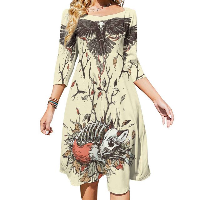 Vestido de verano con escote cuadrado y estampado de zorro, cuervo, pájaro, esqueleto y hoja