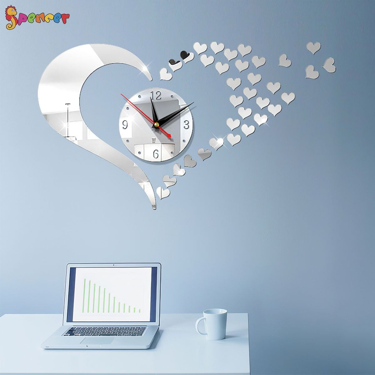 Spencer 3D Modern Large Mirror Surface Wall Clock, Heart Shape DIY Mute ...
