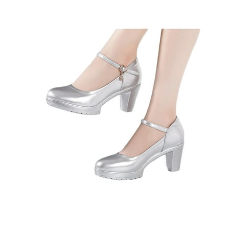 

Lacyhop Women High Heels Chunky Platform Work Shoes Ankle Strap Pumps Casual Soft Dress Pump Anti-Slip Buckle Shoe Silver 7CM 4.5