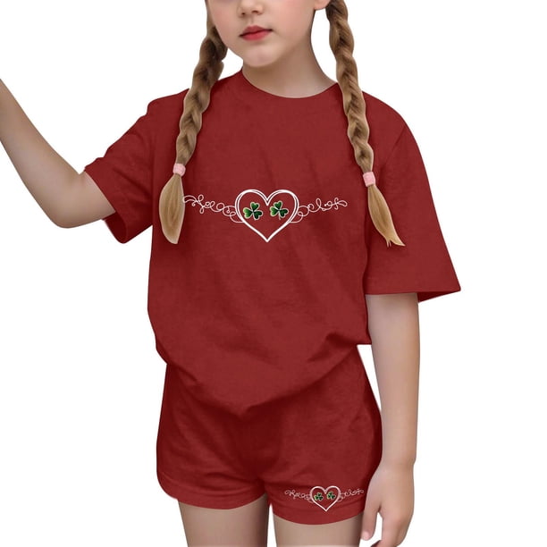 Vestido de manga corta para niños Día de San Patricio impreso manga corta cuello redondo y pantalones conjunto, vestido de niños casual