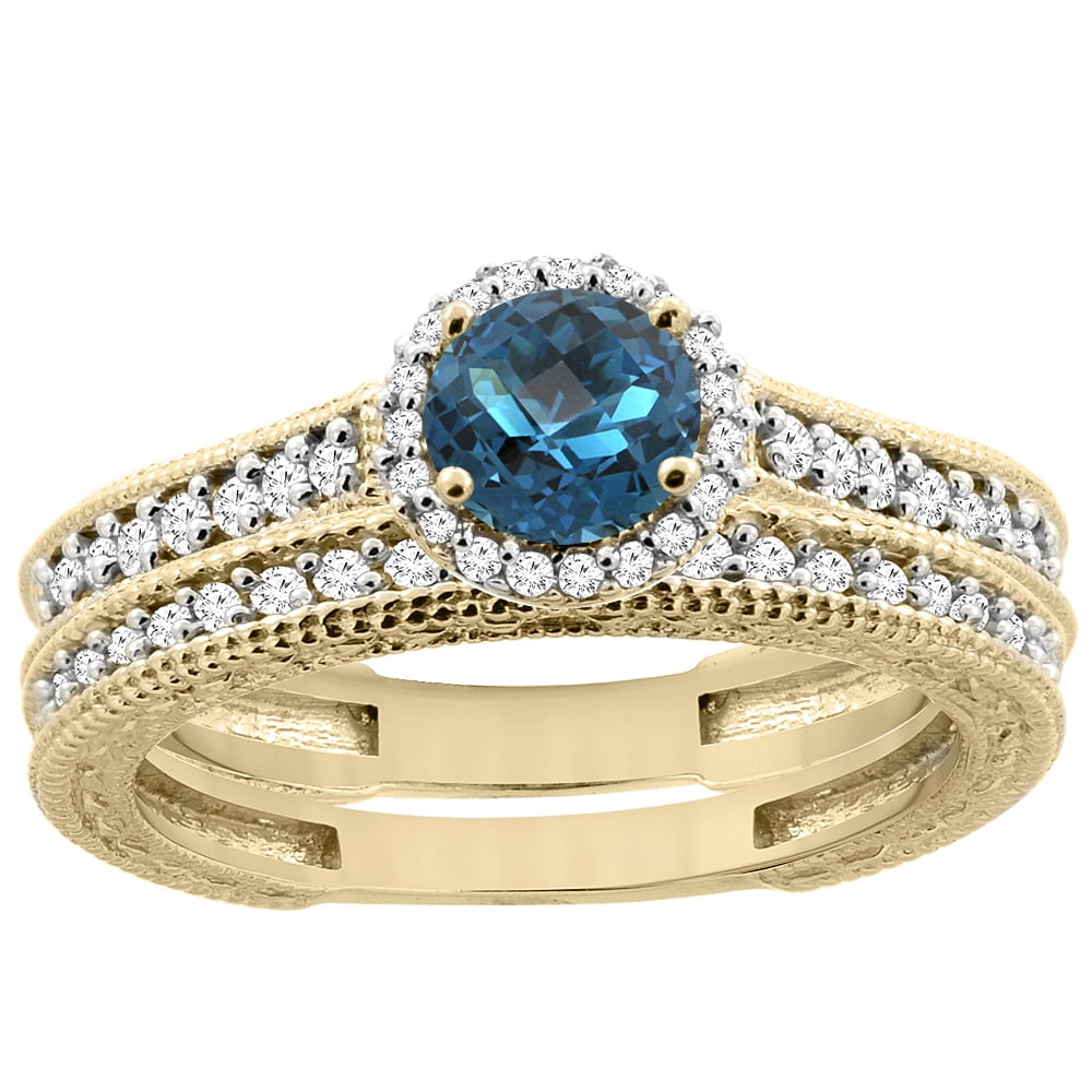 14K Yellow Gold Natural London Blue Topaz Round 5mm Engagement Ring 2-piece Set Diamond Accents, size 5 by Gabriella Gold