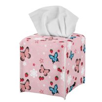 POLERO Waterproof Tissue Box Cover Square with Pink Butterfly, Leather Tissue Box Holders ,Facial Paper Organizer Dispenser for Bathroom, Car, Office, 5.1"X5.1"X5.5"