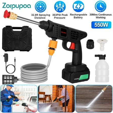 Zorpupoa 1Pc Cordless Pressure Washer Portable Electric Power Washer High Pressure Water Sprayer 363PSI Car Washer Cleaner with 12000mAh Rechargeable Battery and Charger 2 Nozzles