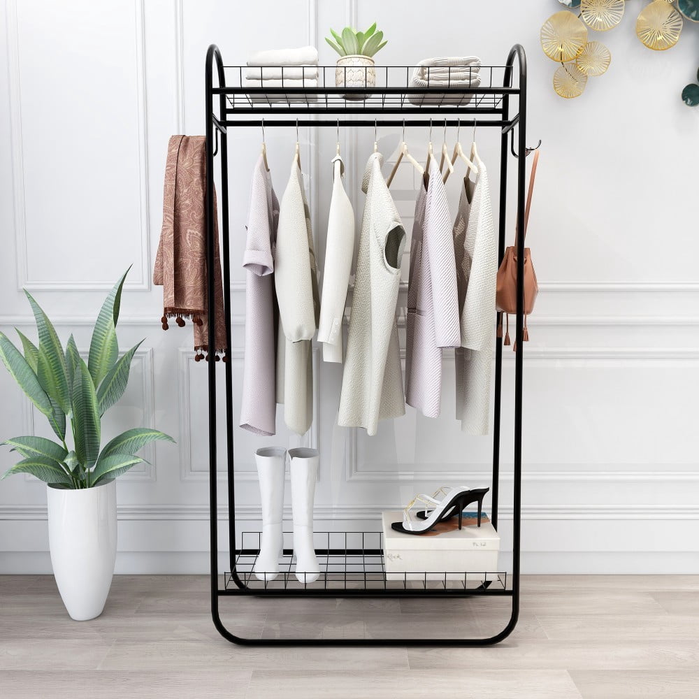 Heavy Duty Garment Rack, Freestanding Metal Clothes Rack with Double Shelves, 200 lbs Capacity, Portable Rolling Clothing Rack, Black