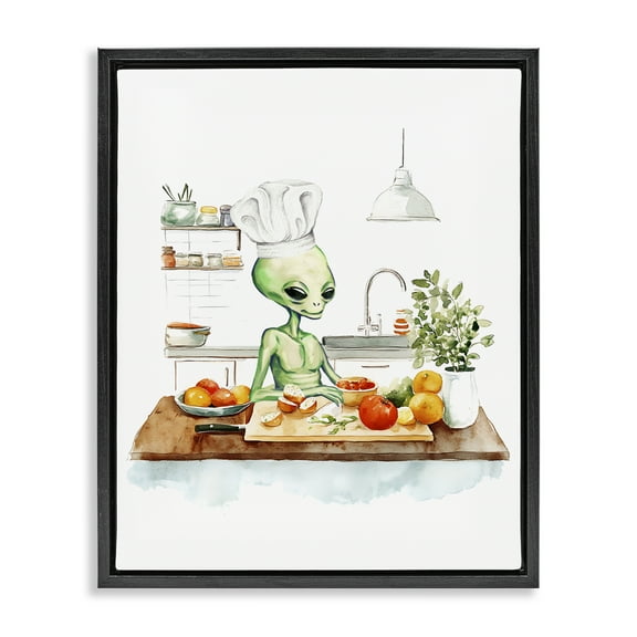 Stupell Industries Chef Alien in Kitchen Fantasy & Sci-Fi Painting Black Floater Framed Canvas Art Print Wall Art, 17 x 21