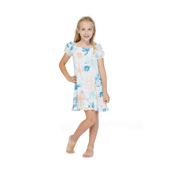 Girl Hawaiian Short Sleeve Simple Muumuu Ruffle Dress in Sandy Beach