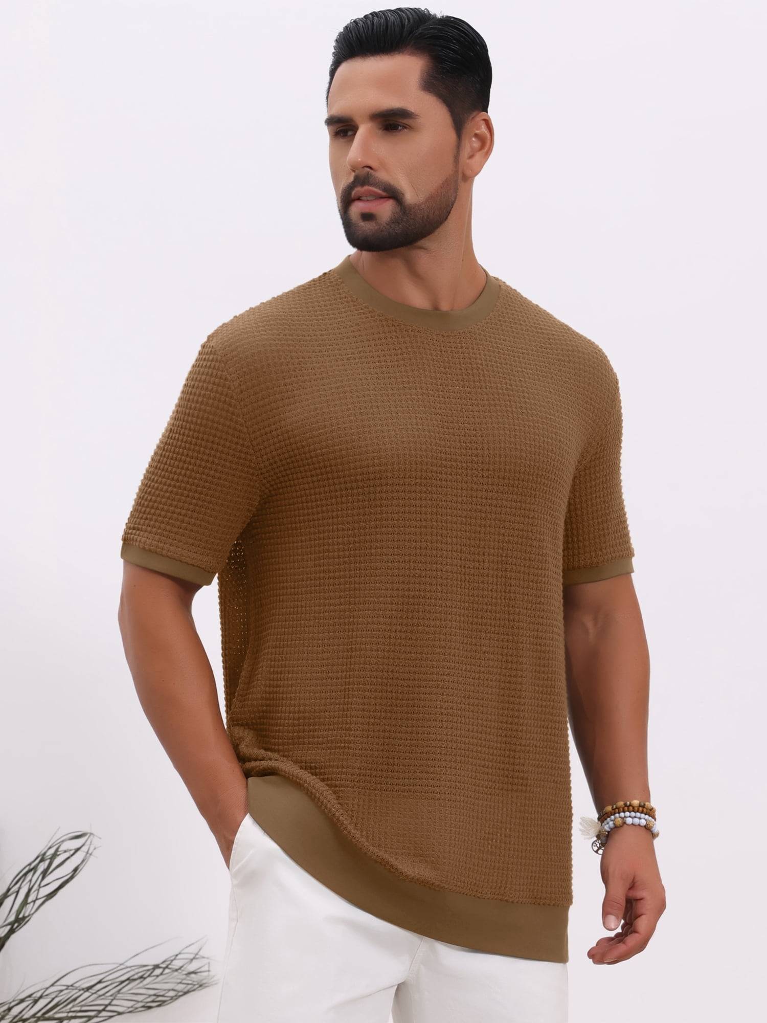 DARING DIVA Men's Waffle Short Sleeve Crew Neck Solid Knitted T-Shirt S Brown