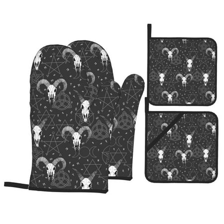 

Oven Mitts and Pot Holders 4 Piece Gothic Style Cool Goat Skull_A High Heat Slip Resistant Oven Mitt and Trivets Set Kitchen Oven Glove Pot Holders for Cooking Baking Grilling