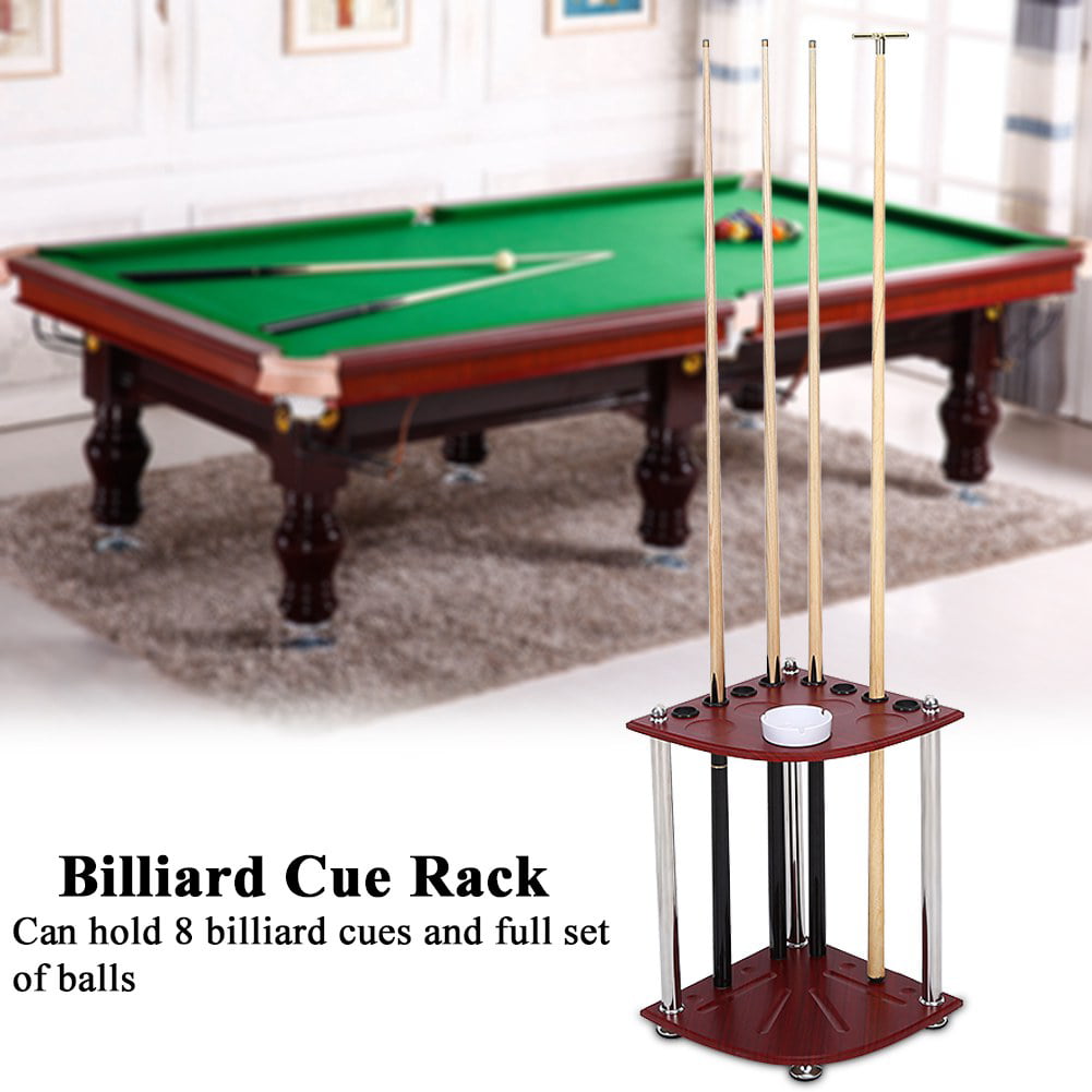 Billiard 8 Cues Wood Pool Snooker Holder Free-Standing Floor Rack With Ashtray 