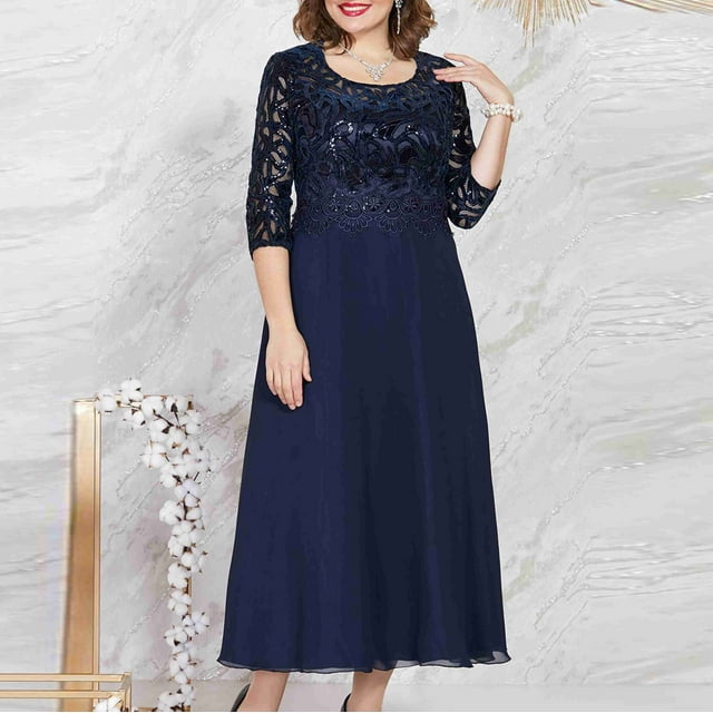 Meichang Mother of the Bride Dresses For Wedding Plus Size 3/4 Sleeves Lace Chiffon Formal Dresses Patchwork Solid Evening Dresses Knee-Length Elegant Prom Dresses