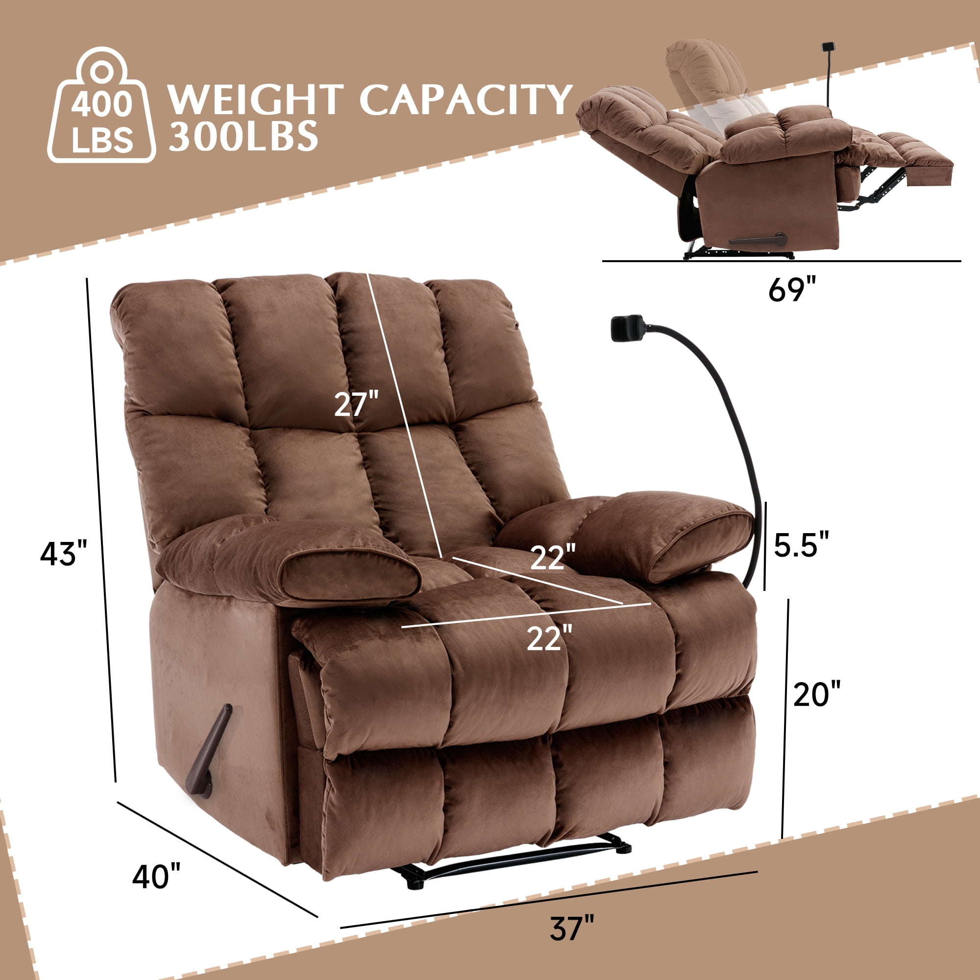 2 Pcs Brown Overstuffed Lounge Chair with Footrest and Phone Holder Extra Large Recliner Chair, Manual Reclining Lounge Chair with Footrest, Comfortable Living Room Accent Recliner