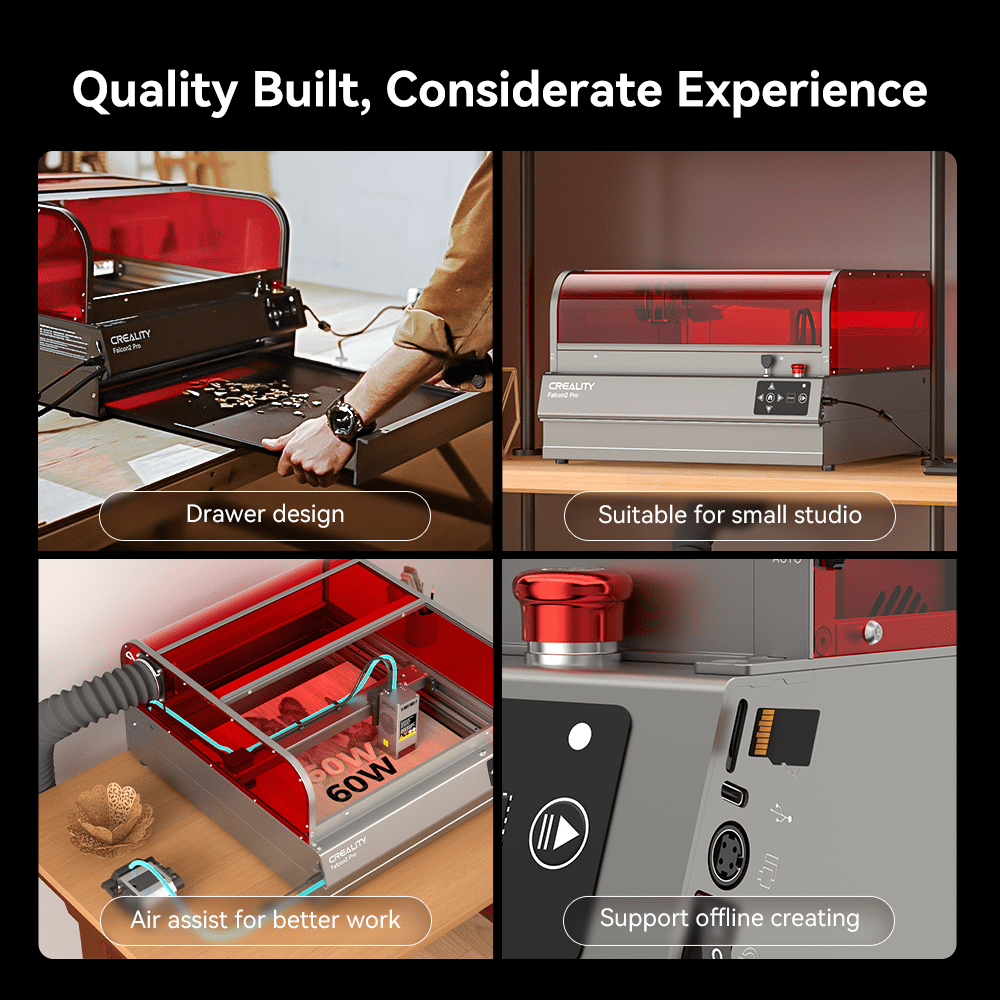 Creality Falcon2 Pro 60W Pro-safe Laser Engraver & Cutter Smart Camera & Air Assist & Auto Fan for Wood, Bamboo, Rubber Leather, Fabric, Acrylic, Plastic