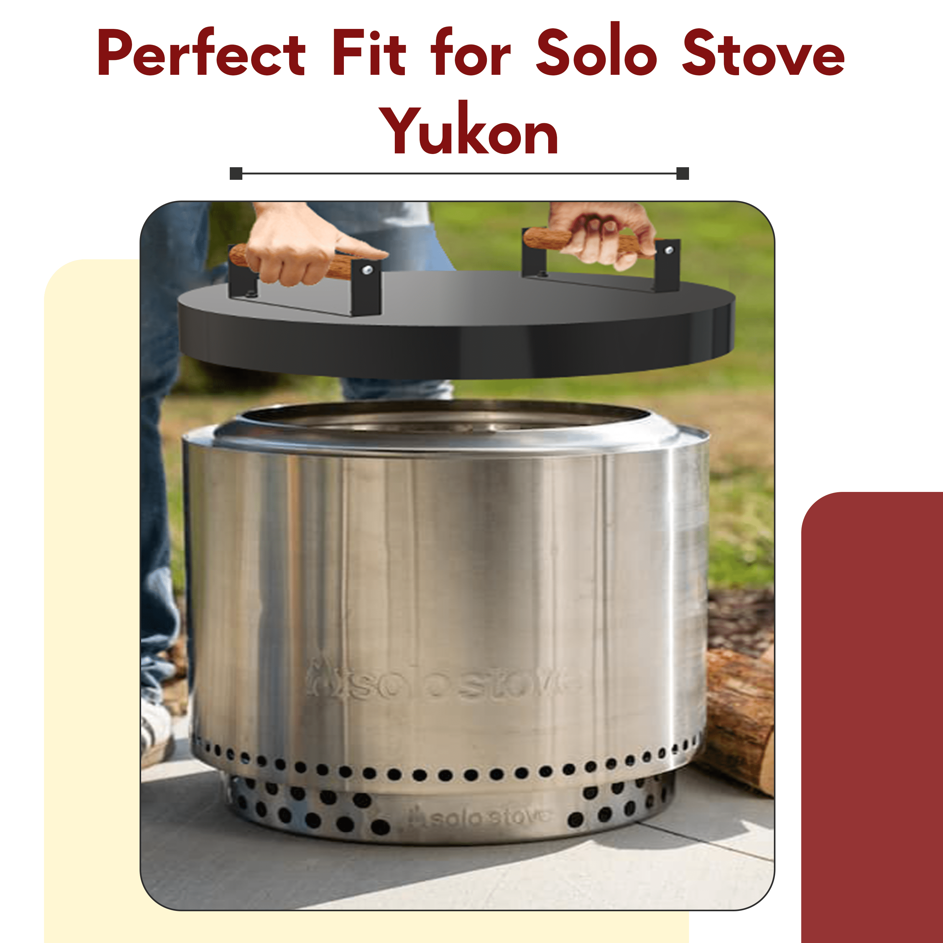 FEBTECH Firepit Snuffer Lid Compatible For Solo Stove Yukon 2.0 & 1.0 - Carbon Steel Camping Stove Lid With 2 Wooden Handles - Yukon Solo Stove Accessories For Outdoor Camping