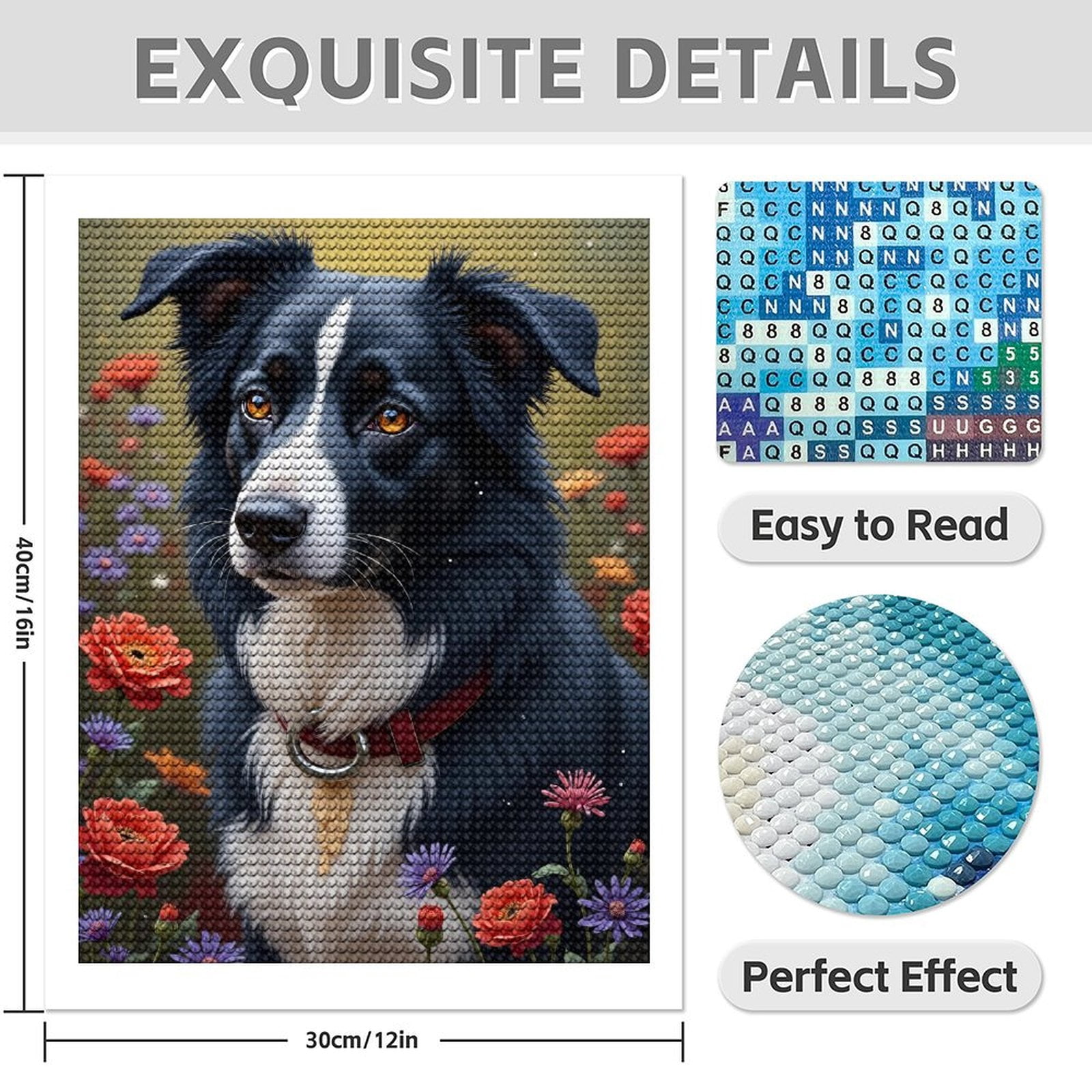 Diamond Art Kits for Adults - Classic Collie Flower Print No.68 5D Frameless Dimond Painting Kit for Adults Beginner, Round Diamond Kits for Home Wall Decor, Gift for Women