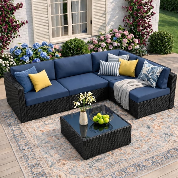 5-Piece Patio Furniture Set, Outdoor Wicker Sectional Sofa with 4-Inch Thick Cushions & Coffee Table, All-Weather PE Rattan Conversation Set for Backyard, Garden, Poolside, Aegean Blue