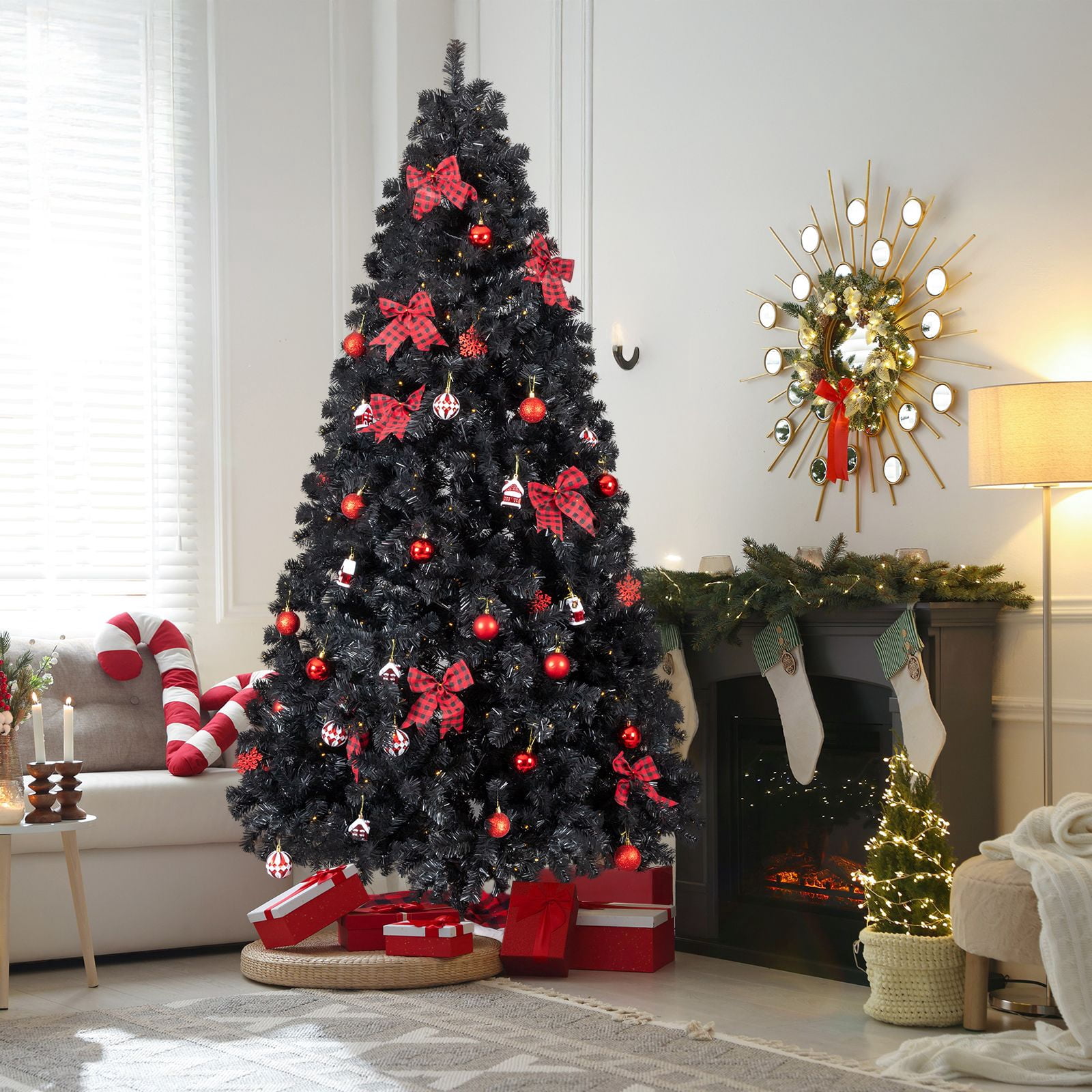 7.5 FT Artificial Christmas Tree with DIY 350 Warm White LED Lights, Hinged Xmas Pine Tree with Tree Skirt and Holiday Ornaments for Holiday Party Office Home, Black Tree & Red Decor